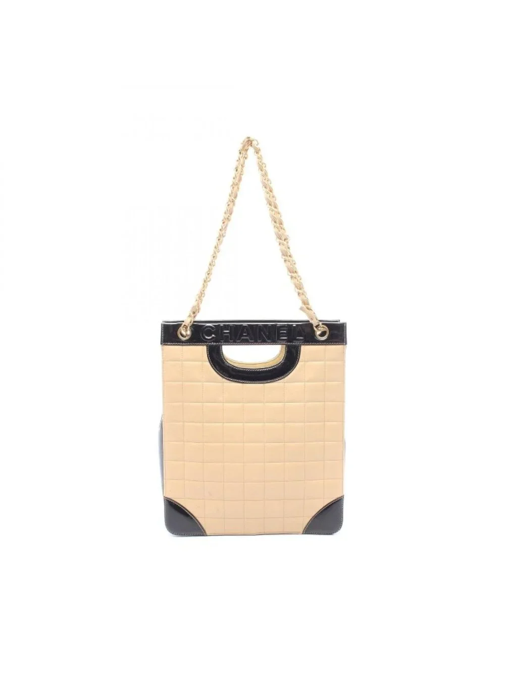 Chanel Tote Bag Choco Bar 2-Way Beige Black Leather Patent Shoulder